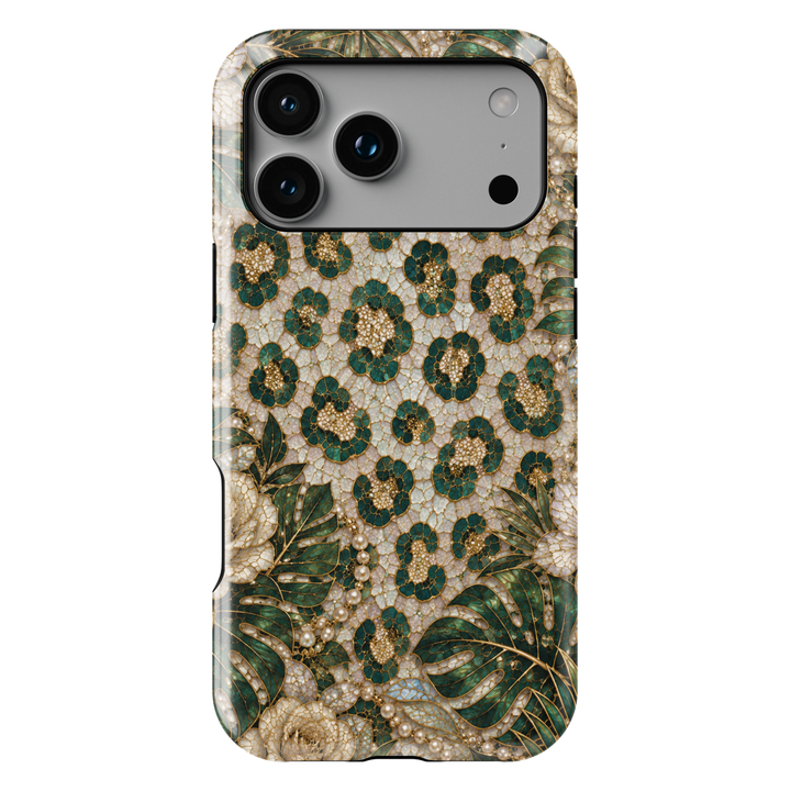 Luxury iPhone case featuring emerald green leopard print, tropical monstera leaves, ivory roses, pearls, and gold mosaic artwork.
