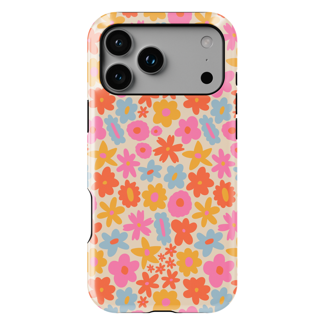 Retro floral aesthetic phone case with colorful daisy pattern, cute flower design iPhone 16 Pro Max case, Samsung Galaxy S26 Ultra S25 Ultra groovy glossy protective cover