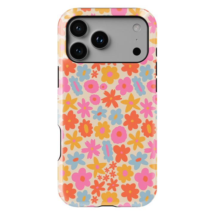 Retro floral aesthetic phone case with colorful daisy pattern, cute flower design iPhone 16 Pro Max case, Samsung Galaxy S26 Ultra S25 Ultra groovy glossy protective cover