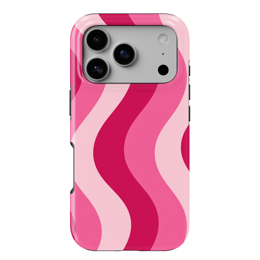 Pink Current hot pink iPhone 18 Pro Max MagSafe case featuring flowing wavy stripes in hot pink, bubblegum pink and soft blush, a cute feminine protective tough iPhone 18 Pro phone case with a retro aesthetic swirl pattern and MagSafe compatibility.