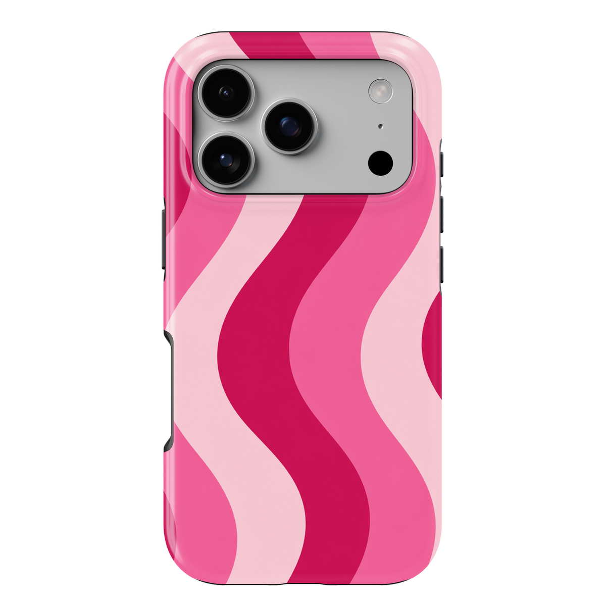 Pink Current hot pink iPhone 18 Pro Max MagSafe case featuring flowing wavy stripes in hot pink, bubblegum pink and soft blush, a cute feminine protective tough iPhone 18 Pro phone case with a retro aesthetic swirl pattern and MagSafe compatibility.