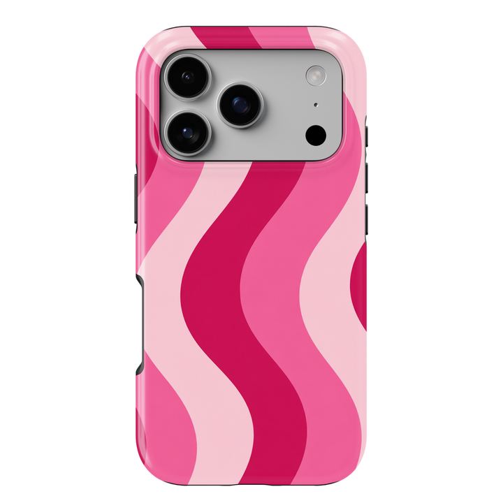 Pink Current hot pink iPhone 18 Pro Max MagSafe case featuring flowing wavy stripes in hot pink, bubblegum pink and soft blush, a cute feminine protective tough iPhone 18 Pro phone case with a retro aesthetic swirl pattern and MagSafe compatibility.