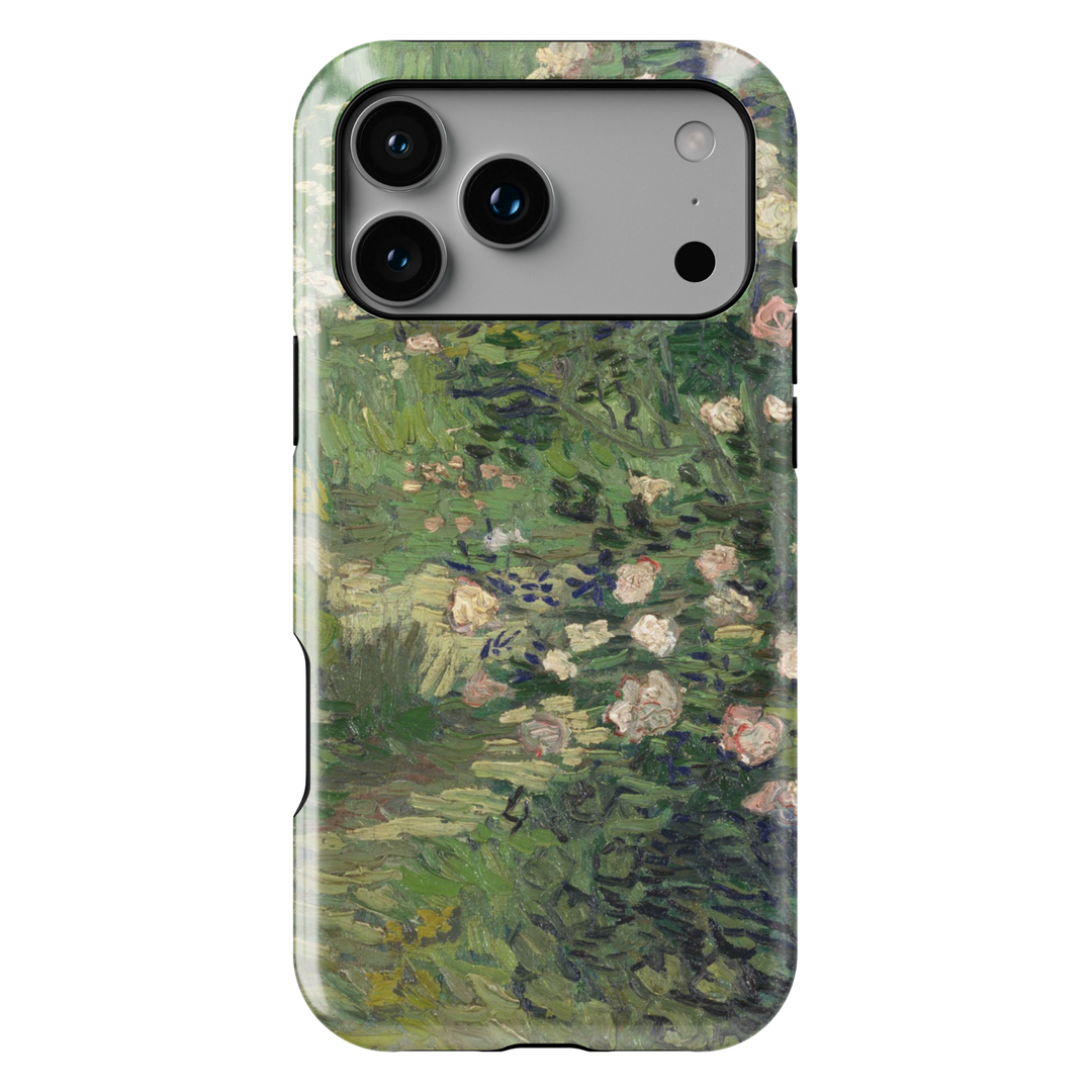 Green vintage floral iPhone tough case with soft painterly garden flowers and textured brushstroke design