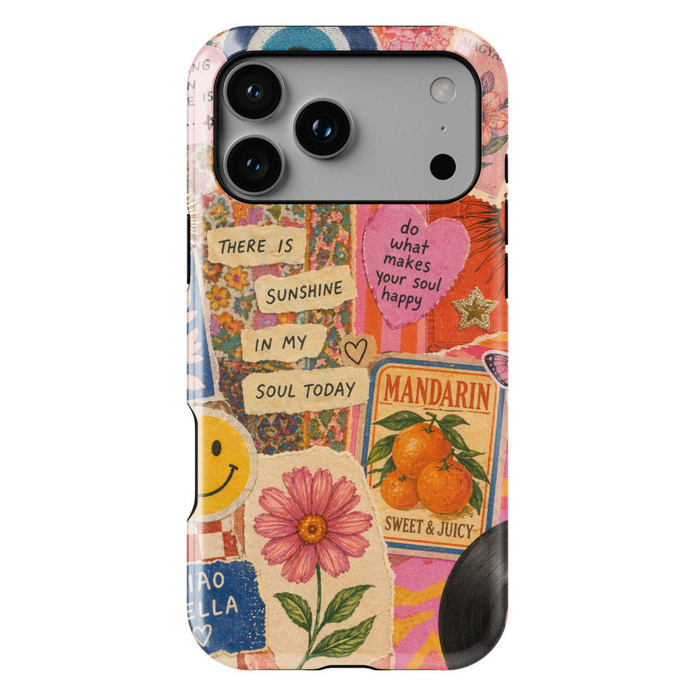 Aesthetic collage iPhone 17 Pro Max case with vintage stickers, smiley face, floral art and motivational quotes, MagSafe tough case.