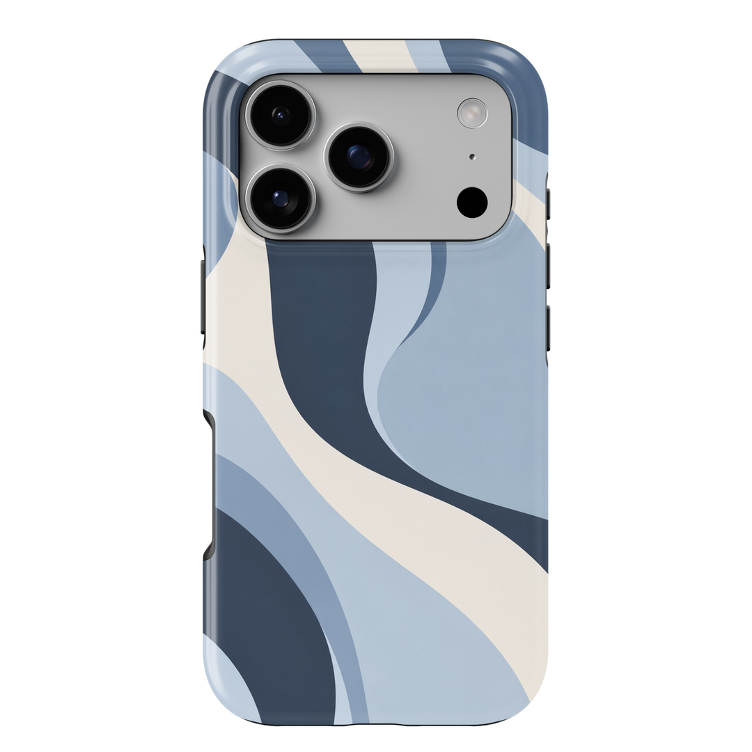 Blue Hour abstract iPhone 18 Pro Max MagSafe case featuring flowing powder blue, navy blue and ivory cream waves, a modern minimalist protective tough iPhone 18 Pro phone case with an aesthetic abstract design and MagSafe compatibility.