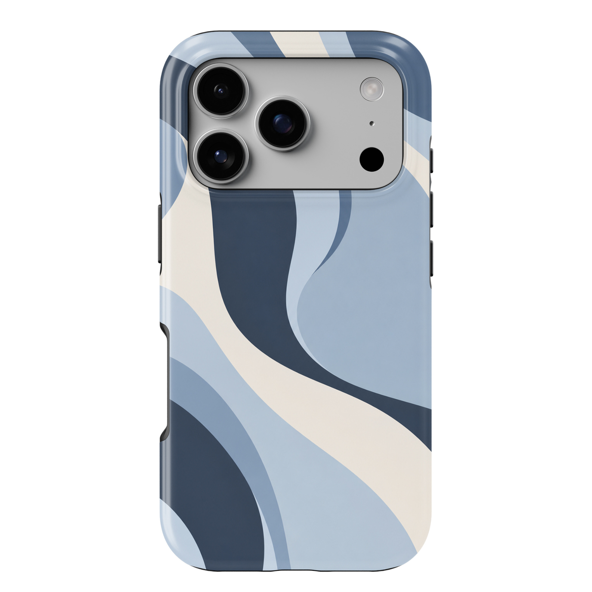 Blue Hour abstract iPhone 18 Pro Max MagSafe case featuring flowing powder blue, navy blue and ivory cream waves, a modern minimalist protective tough iPhone 18 Pro phone case with an aesthetic abstract design and MagSafe compatibility.