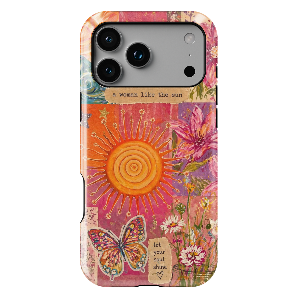 Boho sun aesthetic iPhone 17 Pro Max case with golden sun, floral collage, butterfly and inspirational quote, MagSafe tough case.
