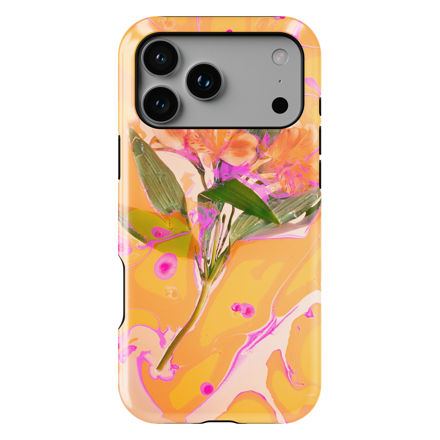 Abstract floral iPhone case featuring vibrant orange flowers with yellow and pink marbled artwork in a modern botanical design.