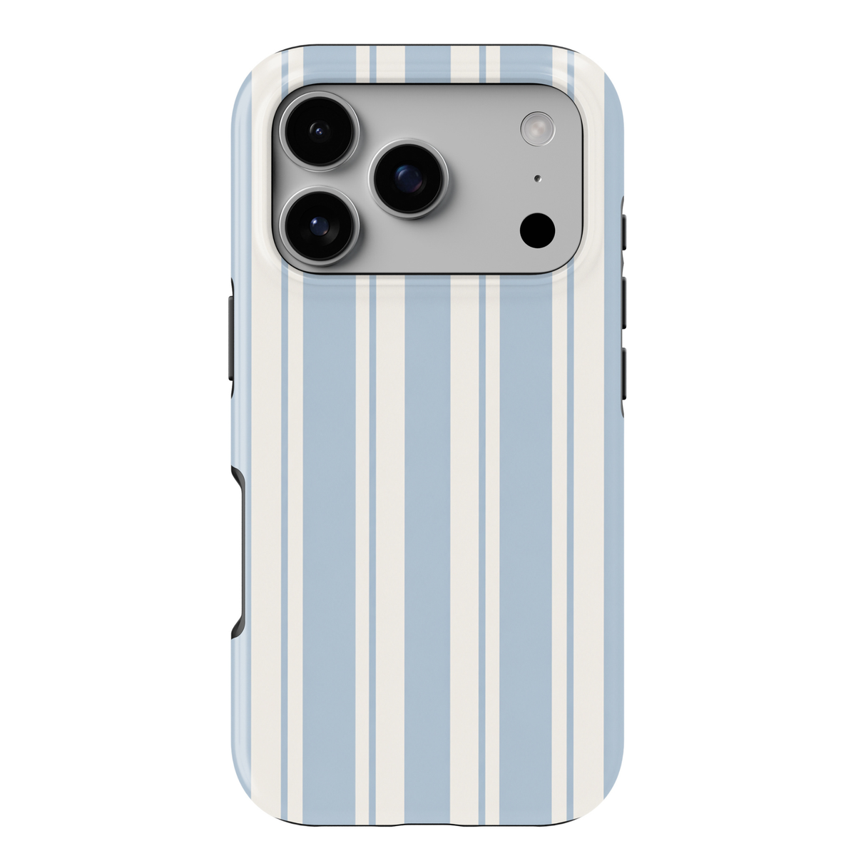 Sunday Service blue striped iPhone 18 Pro Max MagSafe case with powder blue and warm ivory vertical stripes, a preppy minimalist protective tough iPhone 18 Pro phone case with a classic cream and blue striped design and MagSafe compatibility.