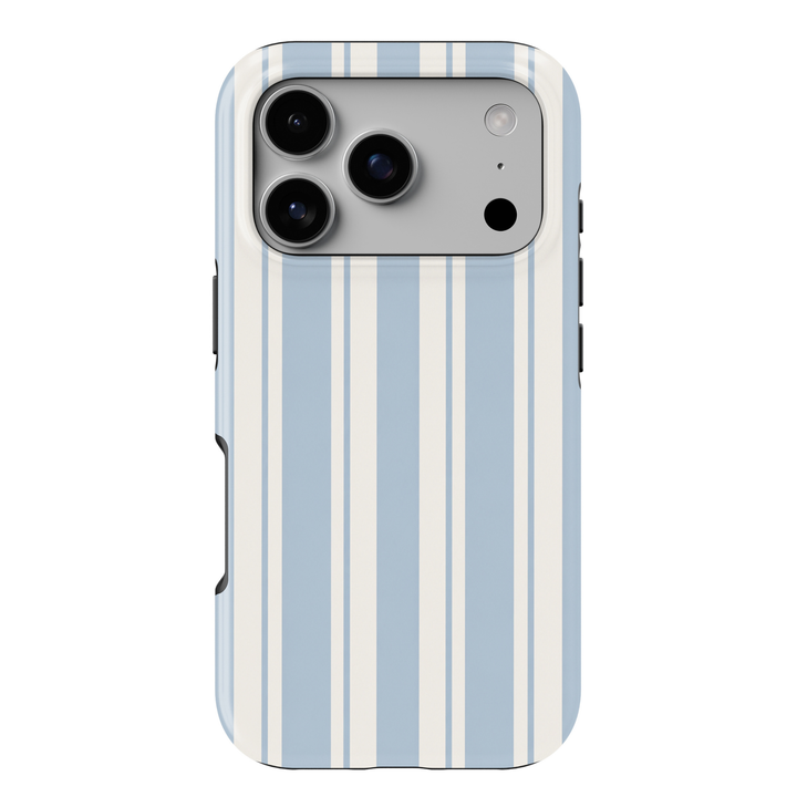 Sunday Service blue striped iPhone 18 Pro Max MagSafe case with powder blue and warm ivory vertical stripes, a preppy minimalist protective tough iPhone 18 Pro phone case with a classic cream and blue striped design and MagSafe compatibility.