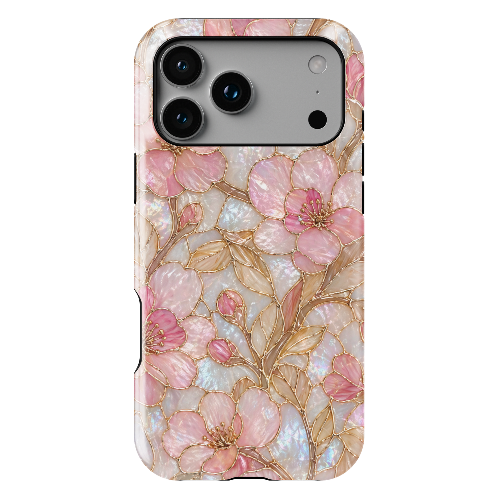 Pink floral iPhone 17 Pro Max case with pearl iridescent background and gold detailing, aesthetic MagSafe tough case.