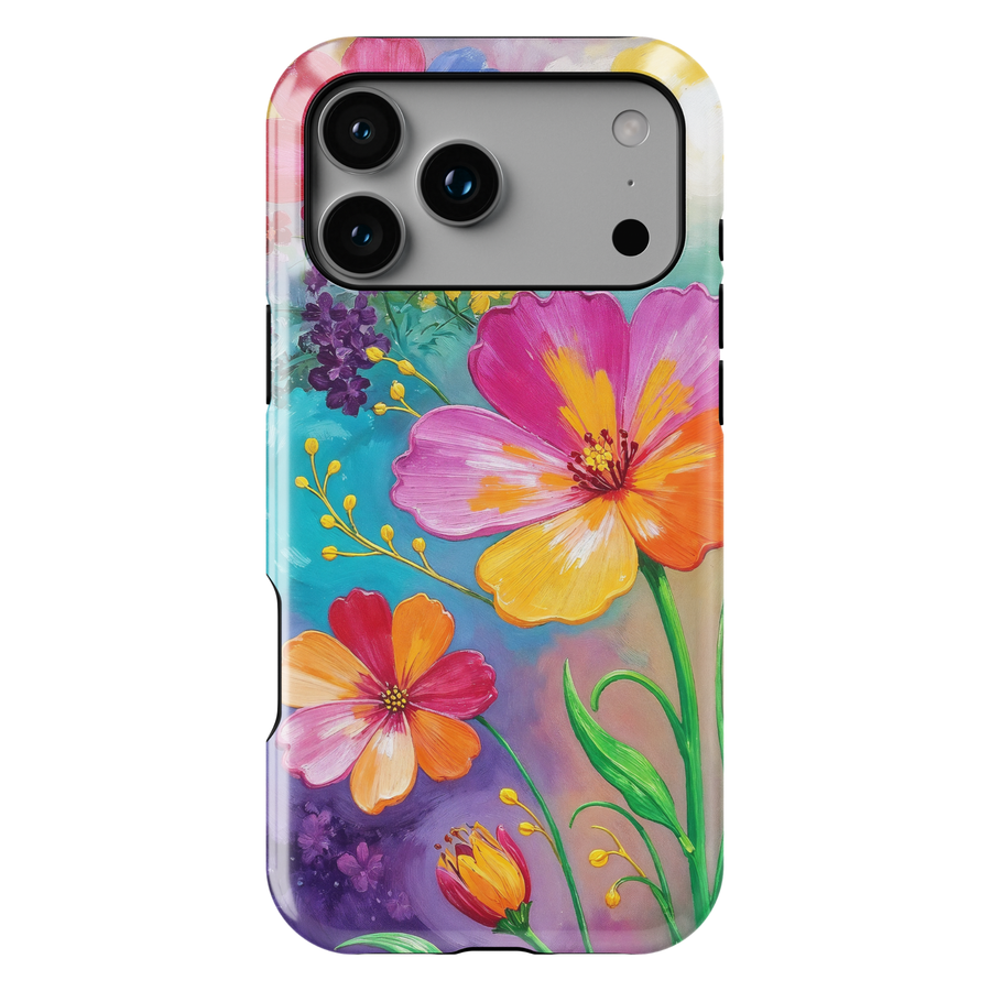 Colorful floral iPhone case featuring vibrant hand-painted flowers in pink, orange, yellow, and purple with a bright botanical garden design.