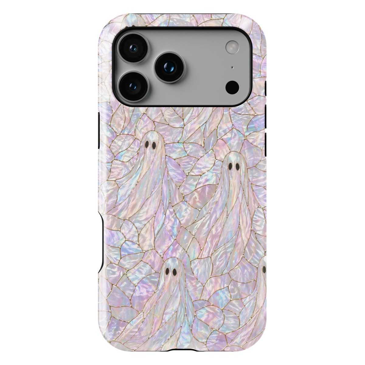 Cute ghost iPhone 17 Pro Max case with iridescent opal background and gold detailing, aesthetic Halloween MagSafe tough case.