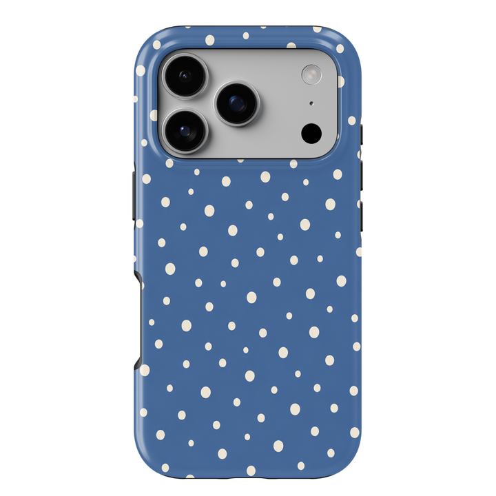 Sunday Best blue polka dot iPhone 18 Pro Max MagSafe case featuring uneven cream dots on a muted dusty blue background, cute preppy protective tough iPhone 18 Pro phone case with stylish feminine designer pattern and MagSafe compatibility.