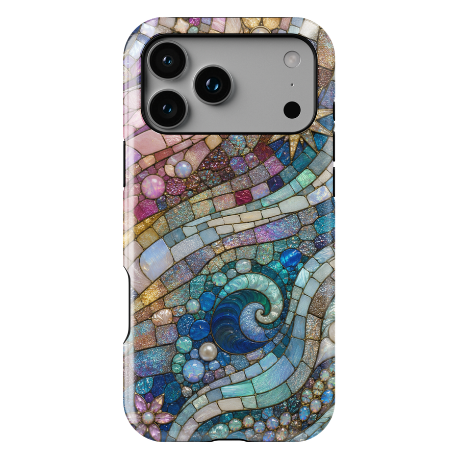 Blue ocean wave iPhone case featuring stained glass mosaic artwork with shimmering pearls, pastel skies, and coastal-inspired abstract design.