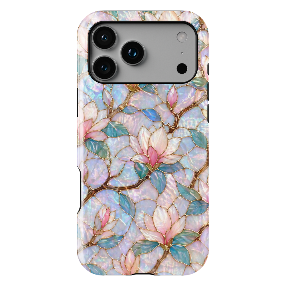 Magnolia floral iPhone 17 Pro Max case with iridescent opal background and gold detailing, aesthetic MagSafe tough case.