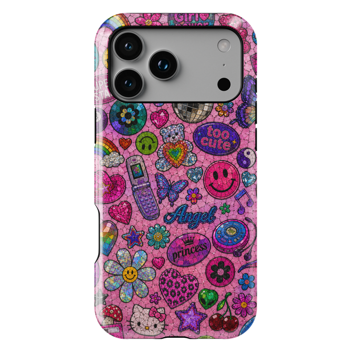 Cute pink Y2K iPhone case featuring colorful sticker icons, butterflies, smiley faces, hearts, cherries, flowers, and retro aesthetic artwork.