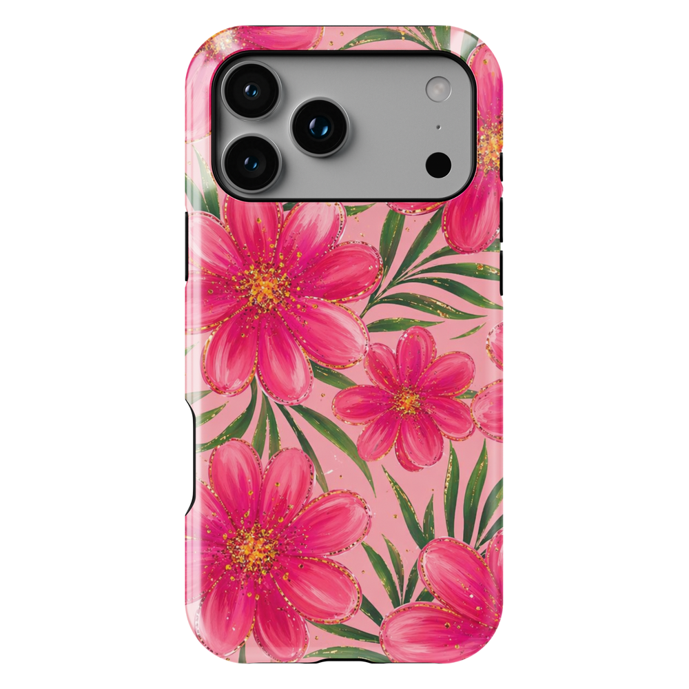 Pink floral iPhone 17 Pro Max case with bold hot pink flowers and green leaves on blush background, aesthetic MagSafe tough case.