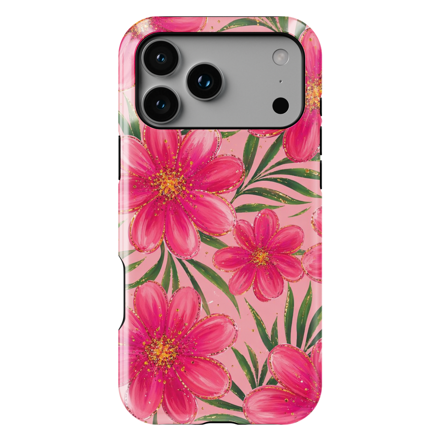 Pink floral iPhone 17 Pro Max case with bold hot pink flowers and green leaves on blush background, aesthetic MagSafe tough case.