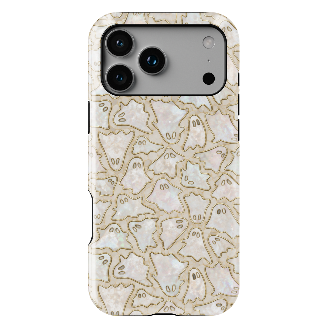 Cute ghost iPhone case featuring tiny ghost illustrations on a pearlescent opal background with elegant gold outlines.