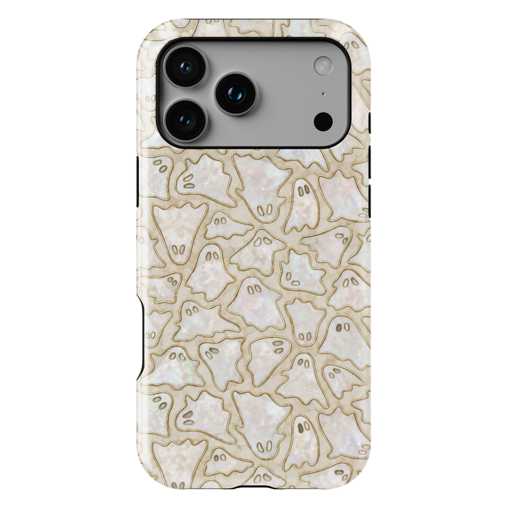 Cute ghost iPhone case featuring tiny ghost illustrations on a pearlescent opal background with elegant gold outlines.