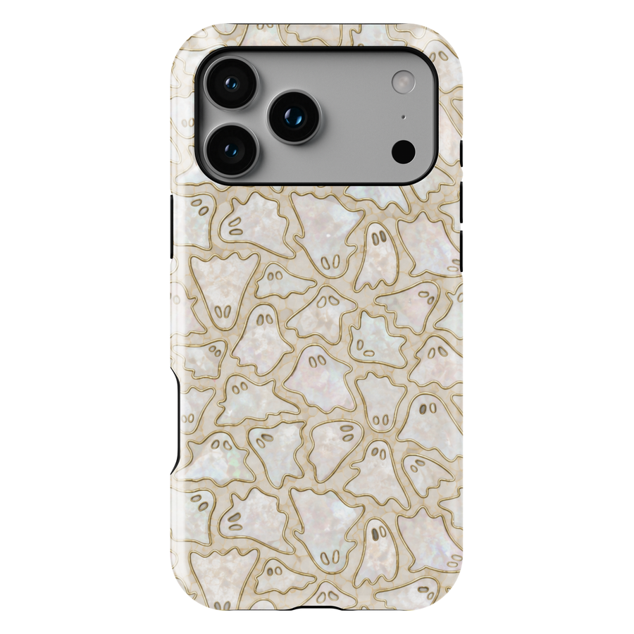 Cute ghost iPhone case featuring tiny ghost illustrations on a pearlescent opal background with elegant gold outlines.