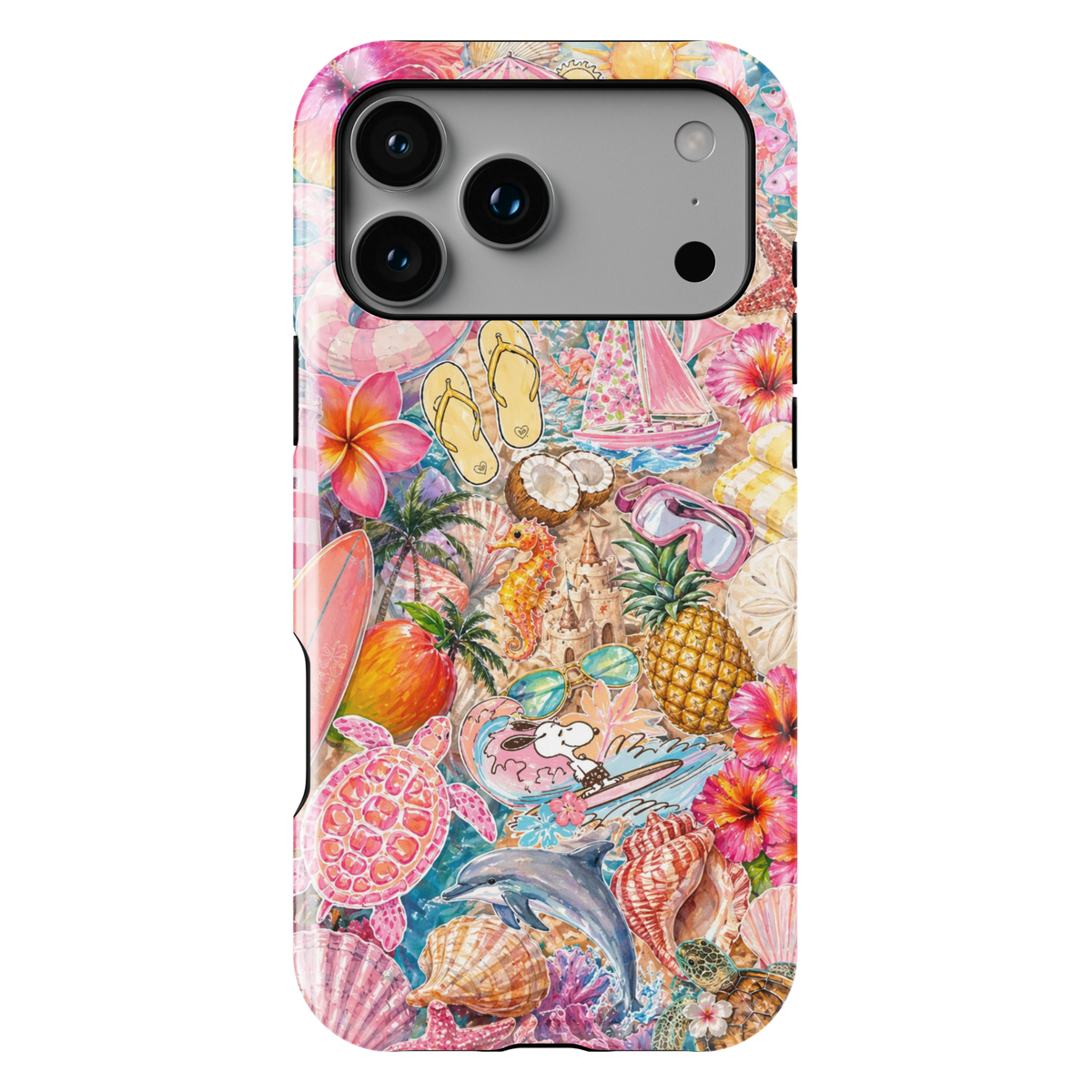 Summer beach iPhone 17 Pro Max case with tropical collage of seashells, fruits, ocean elements and vibrant colors, MagSafe tough case.