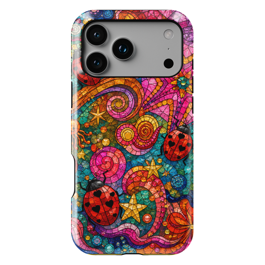 Colorful stained glass iPhone case featuring ladybugs, swirling patterns, stars, and whimsical mosaic artwork.