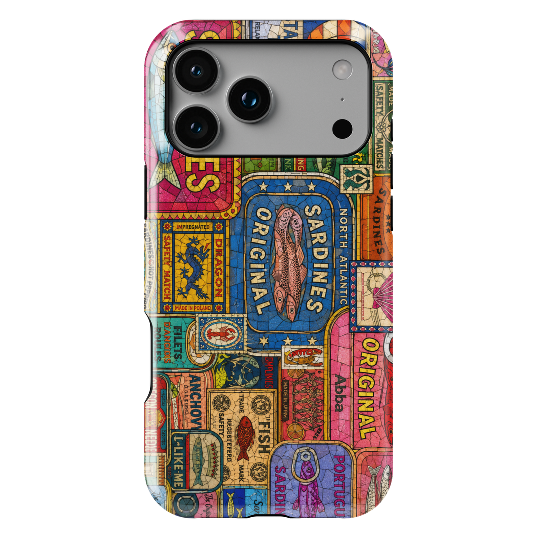 Vintage sardine tin iPhone case featuring colorful retro seafood labels and coastal-inspired collage artwork.