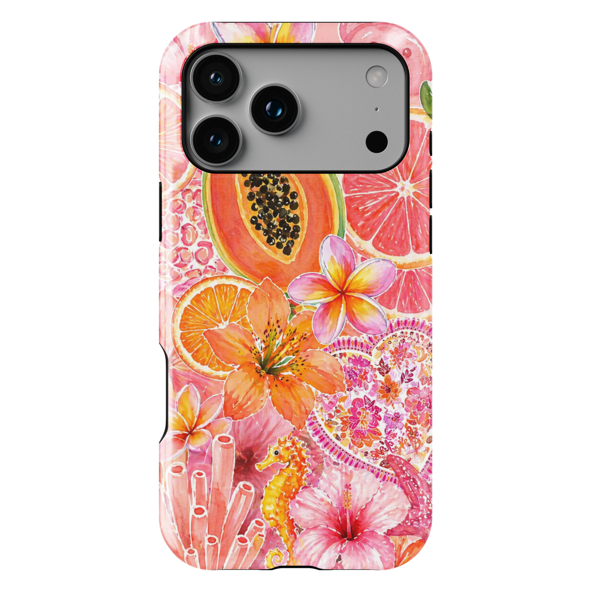 Tropical fruit floral iPhone 17 Pro Max case with papaya, citrus, hibiscus flowers and pink summer aesthetic MagSafe tough case.