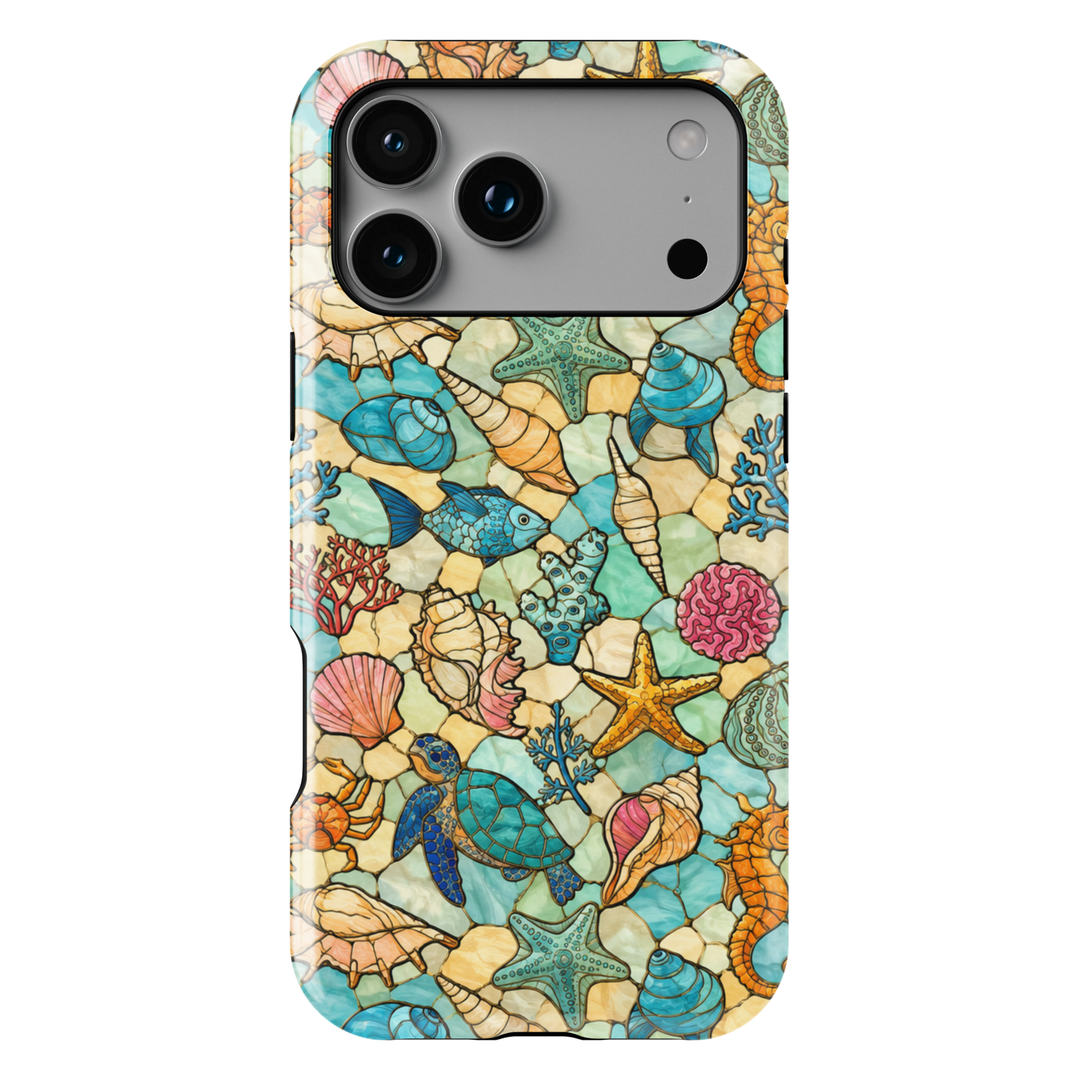 Sea life iPhone case featuring sea turtles, starfish, seashells, tropical fish, coral, and coastal stained glass artwork.