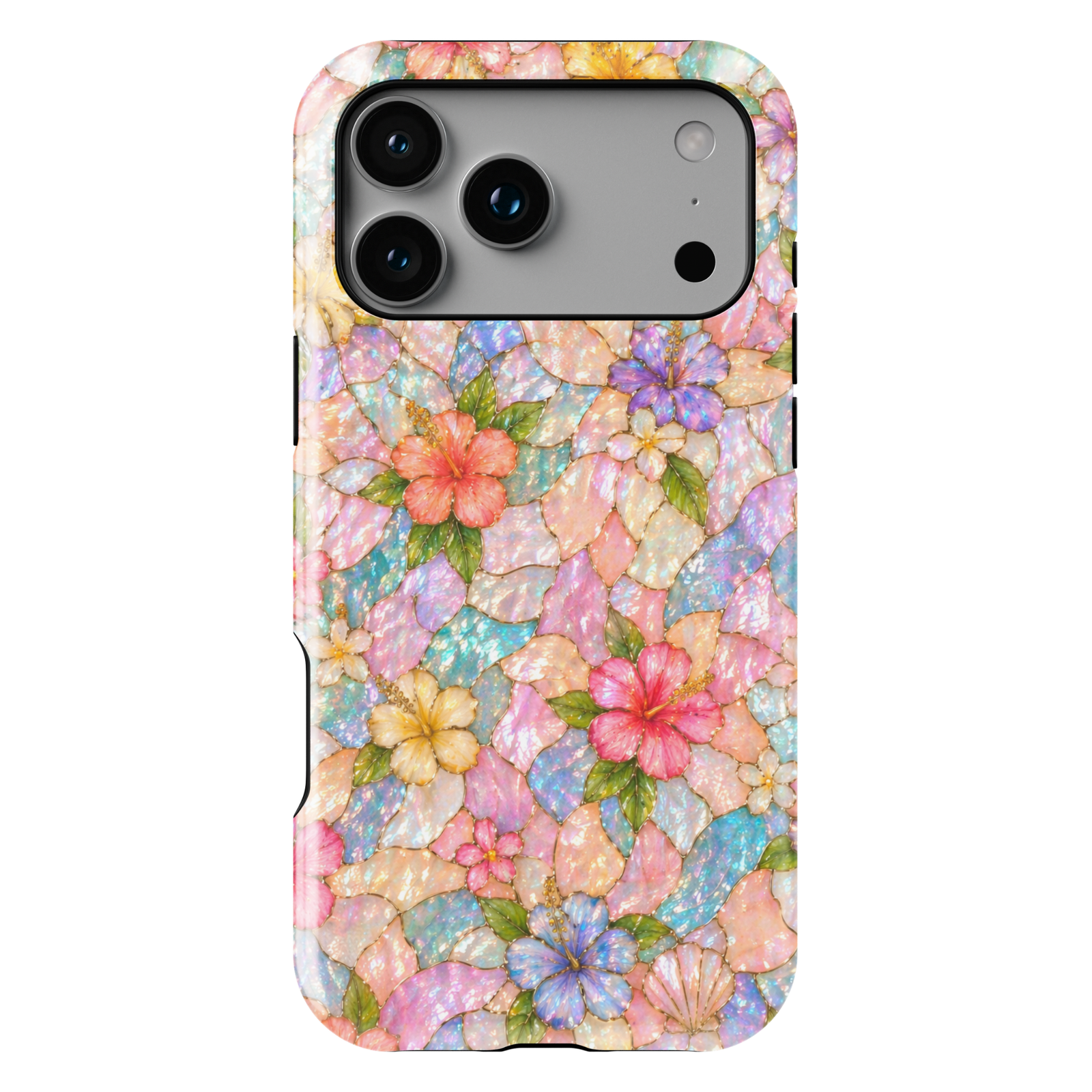 Pastel floral iPhone 17 Pro Max case with iridescent mosaic pattern and colorful flowers, aesthetic MagSafe tough case.