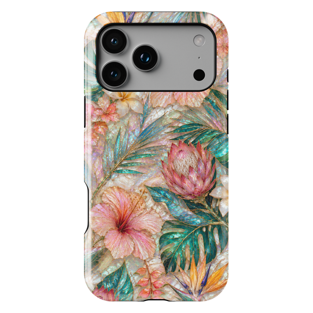 Tropical floral iPhone 17 Pro Max case featuring hibiscus flowers, protea blooms, bird of paradise, and teal botanical leaves.