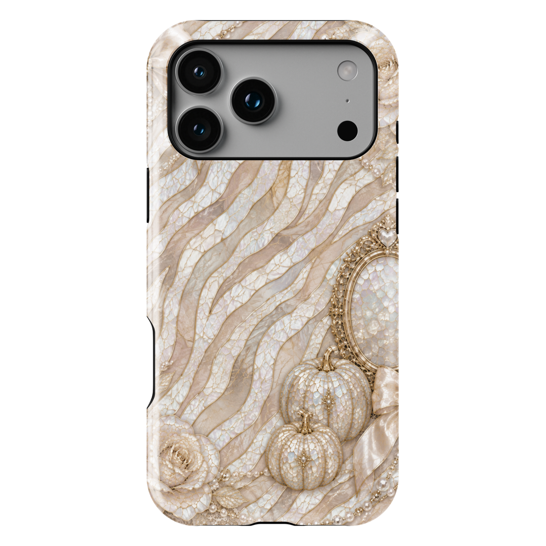 Luxury iPhone case featuring pearl zebra stripes, ivory roses, champagne pumpkins, bows, and elegant mosaic artwork.