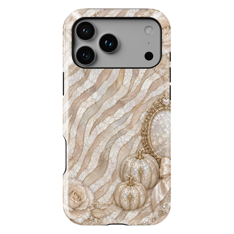 Luxury iPhone case featuring pearl zebra stripes, ivory roses, champagne pumpkins, bows, and elegant mosaic artwork.