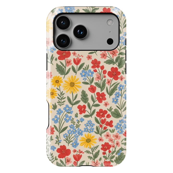 Colorful wildflower iPhone 17 case with red yellow and blue meadow flowers on soft cream background protective tough case for iPhone 17 Pro Max, iPhone 17 Pro, iPhone 16 Pro Max, iPhone 16 Plus