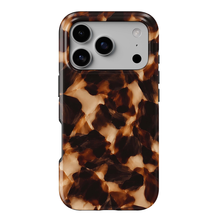 Espresso Tortoise iPhone 18 Pro Max MagSafe case featuring a glossy tortoiseshell pattern in espresso brown, dark chocolate, amber, caramel and creamy beige, a luxurious neutral tough iPhone 18 Pro phone case with MagSafe compatibility.