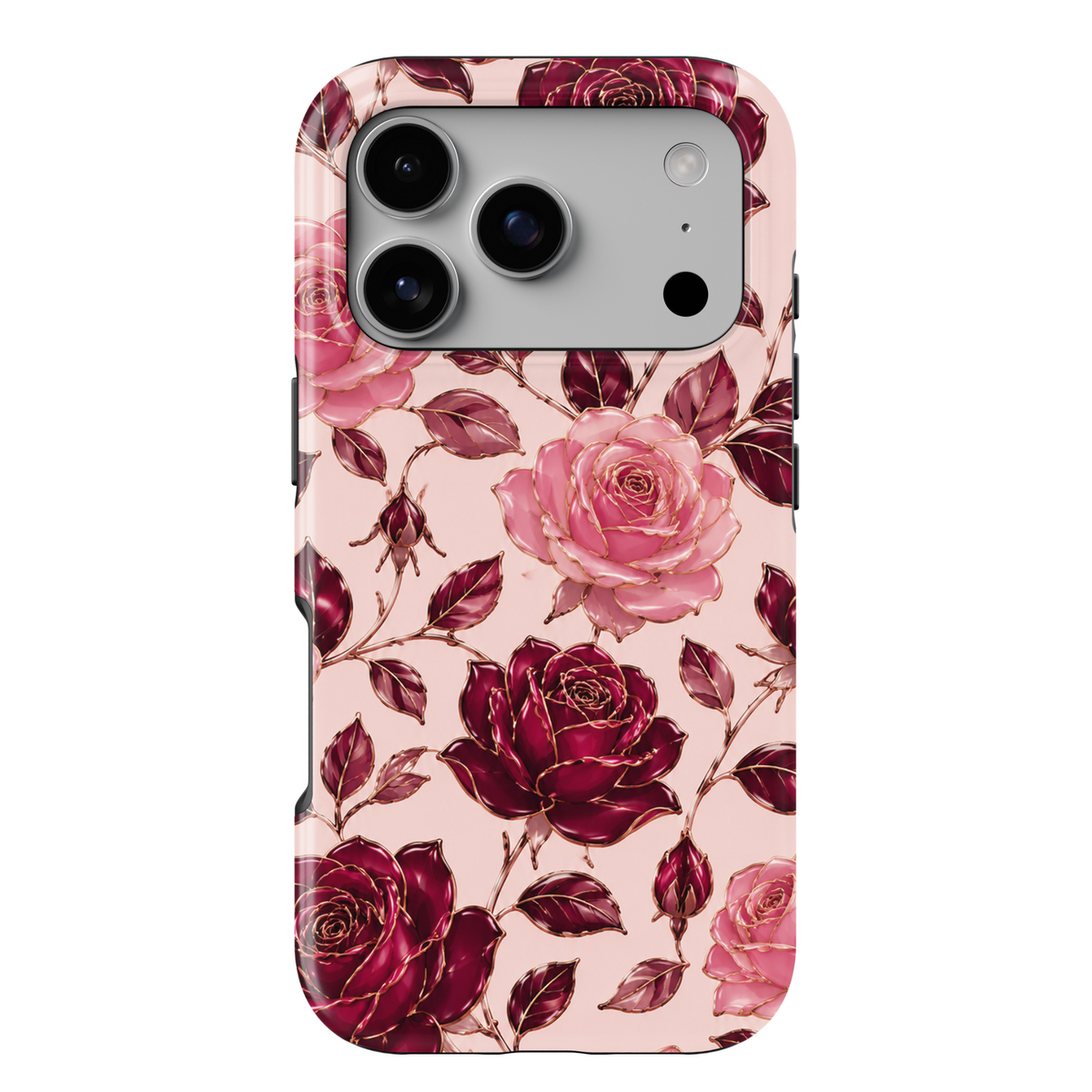 Secret Admirer burgundy rose iPhone 18 Pro Max MagSafe case featuring large blush pink and deep wine-red roses, burgundy leaves and delicate gold-toned floral outlines on a pale blush background, an elegant romantic tough iPhone 18 Pro floral phone case with feminine luxury aesthetic and MagSafe compatibility.