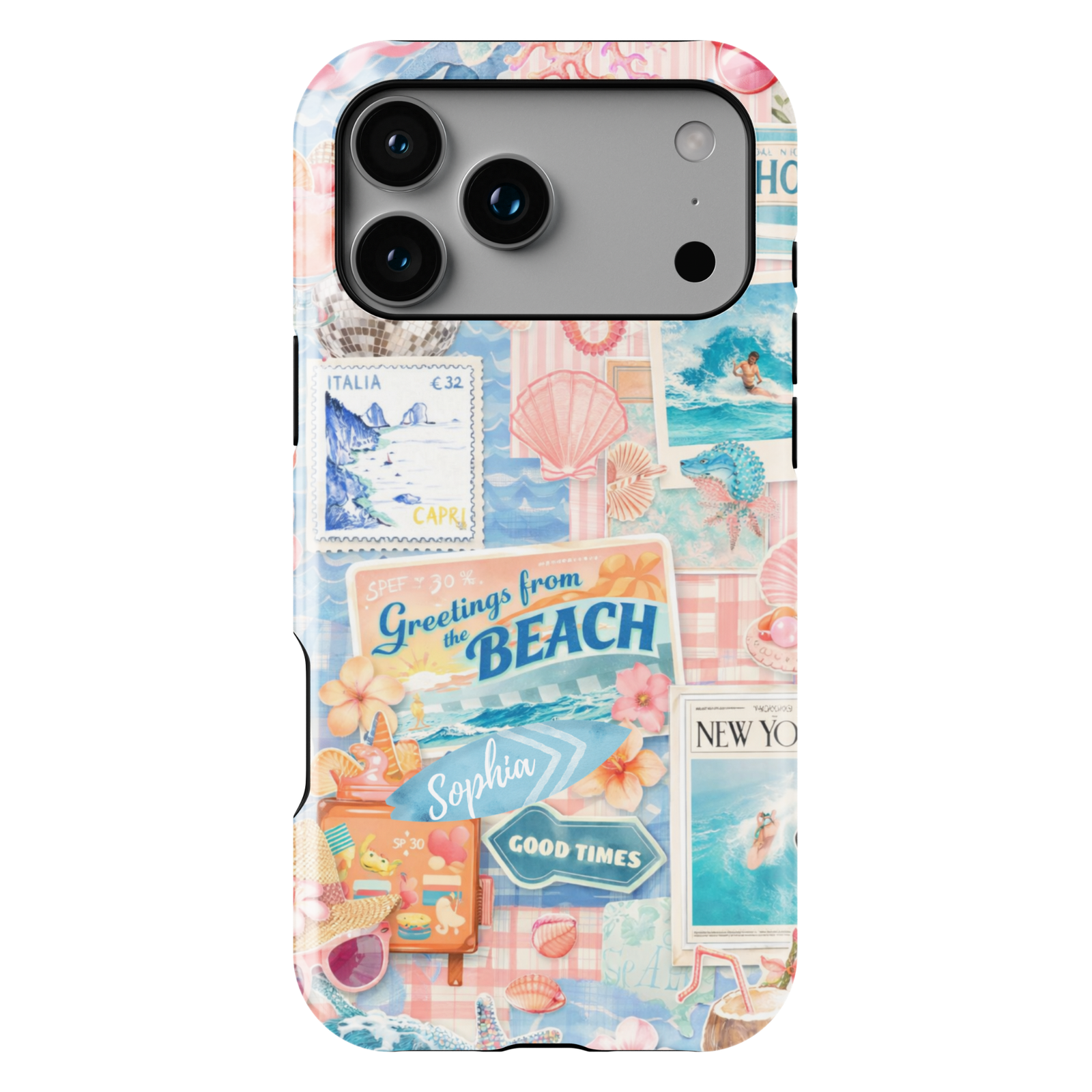 Beach aesthetic collage phone case with ocean, palm trees, and summer elements for iPhone 17 Pro Max and Samsung Galaxy S26 Ultra.