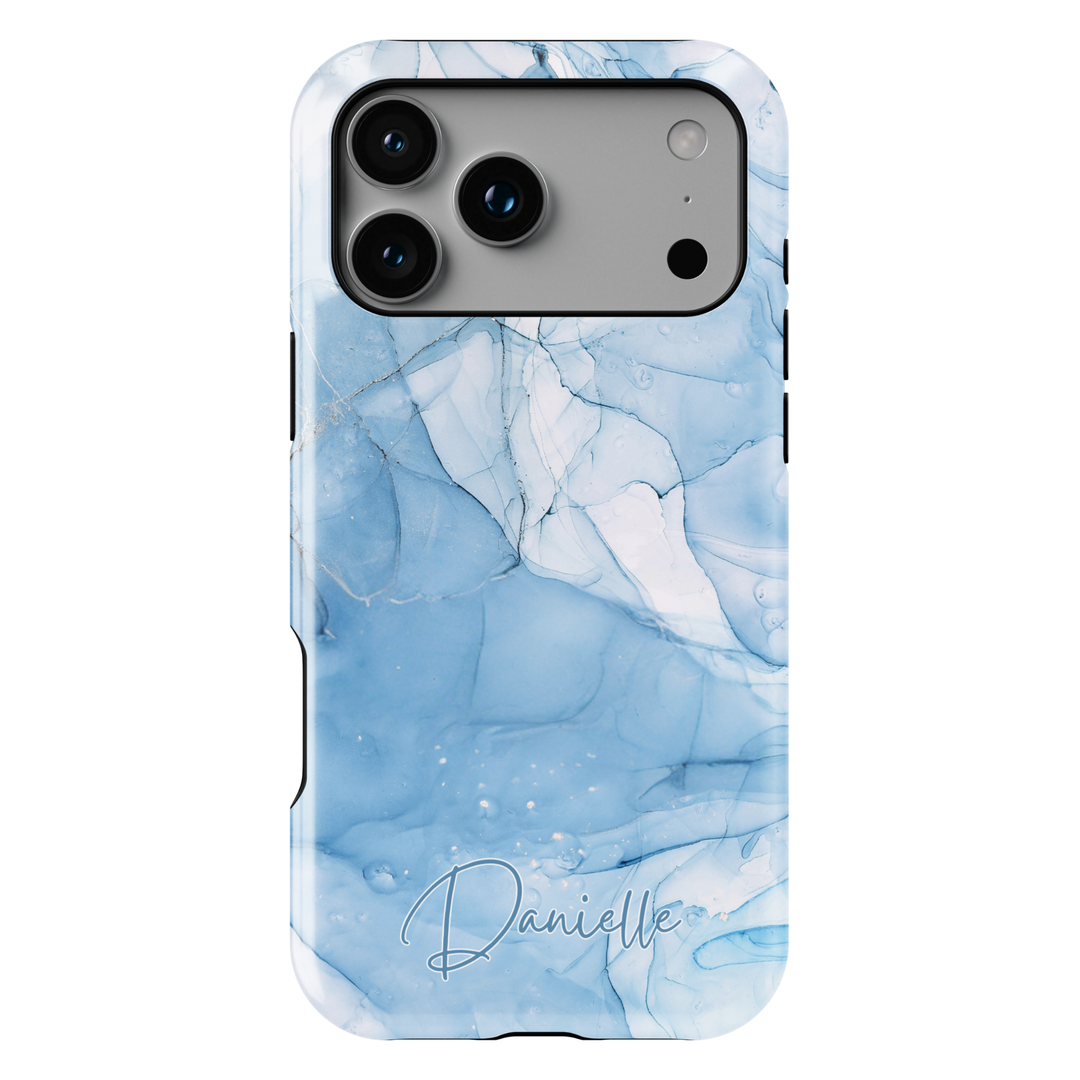 Personalized blue marble phone case with gold accents and custom name design