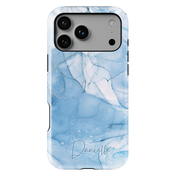 Personalized blue marble phone case with gold accents and custom name design