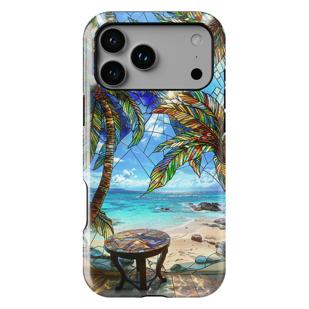 Tropical beach stained glass phone case with palm trees ocean view and coastal scenery on a protective iPhone and Samsung Galaxy phone case
