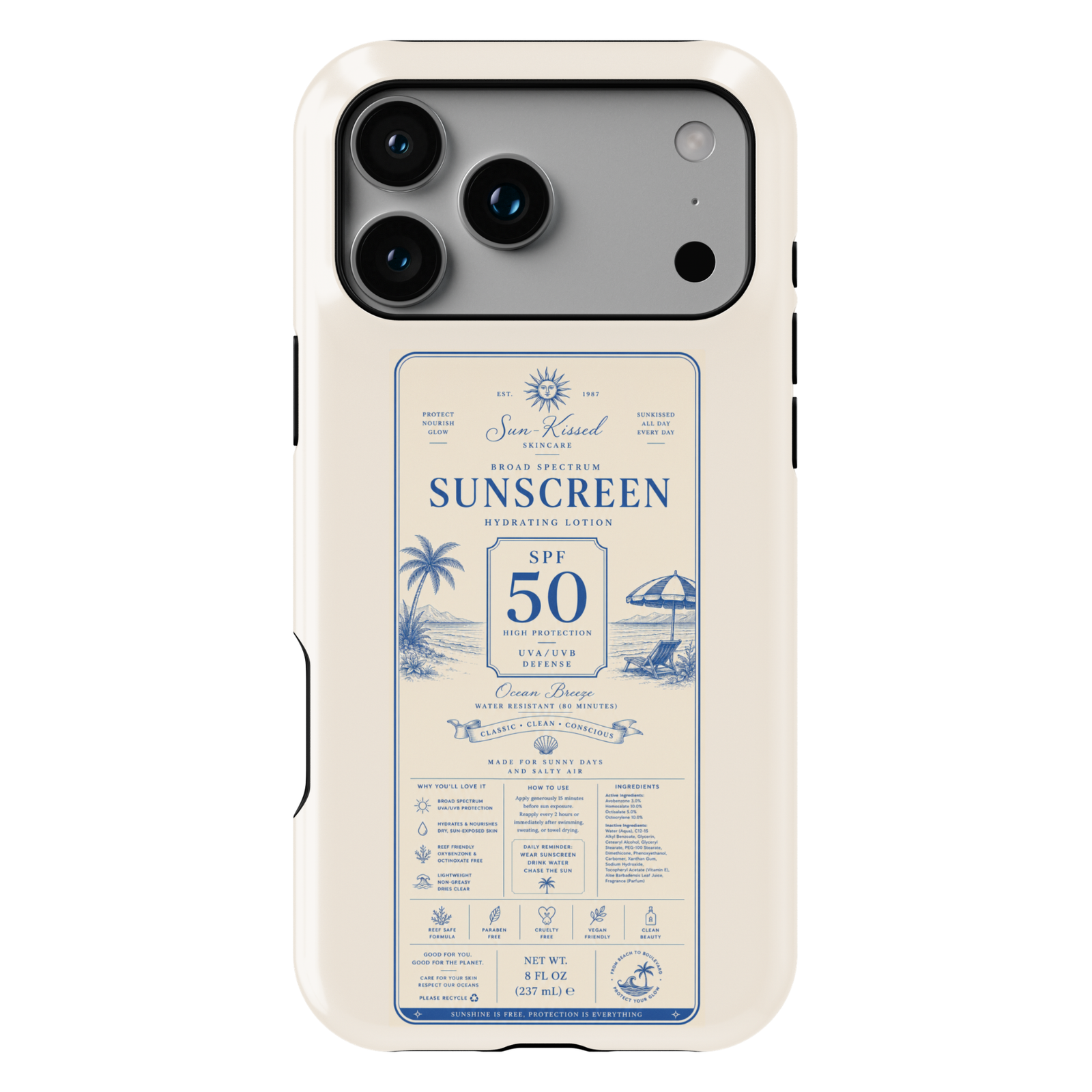 Vintage sunscreen label iPhone case featuring SPF 50 beach-inspired artwork with coastal scenery, palm trees, and retro summer aesthetics.