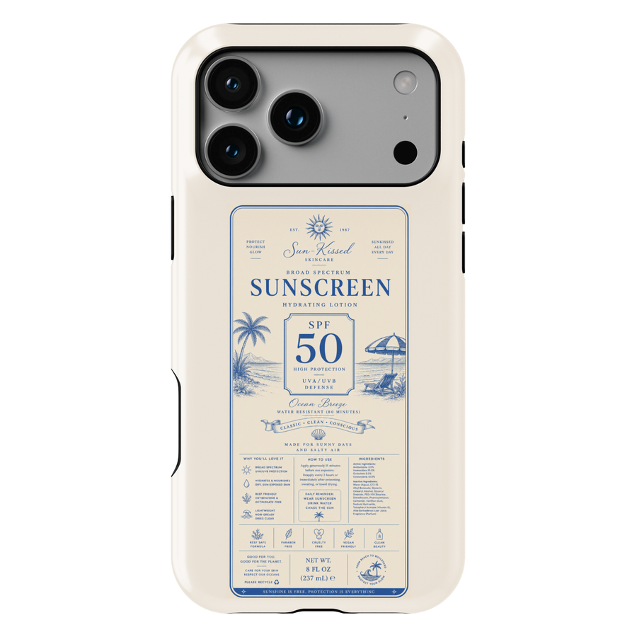 Vintage sunscreen label iPhone case featuring SPF 50 beach-inspired artwork with coastal scenery, palm trees, and retro summer aesthetics.