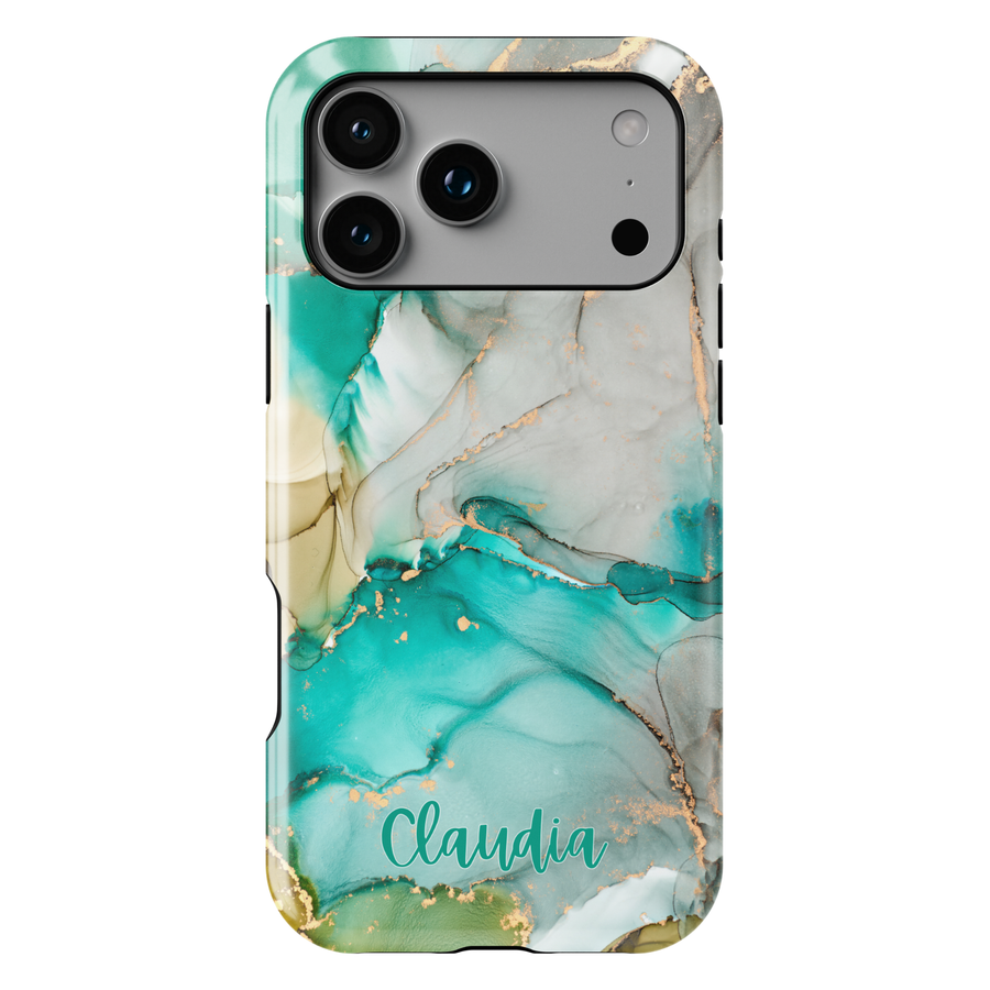 Personalized blue marble phone case with gold accents and custom name design