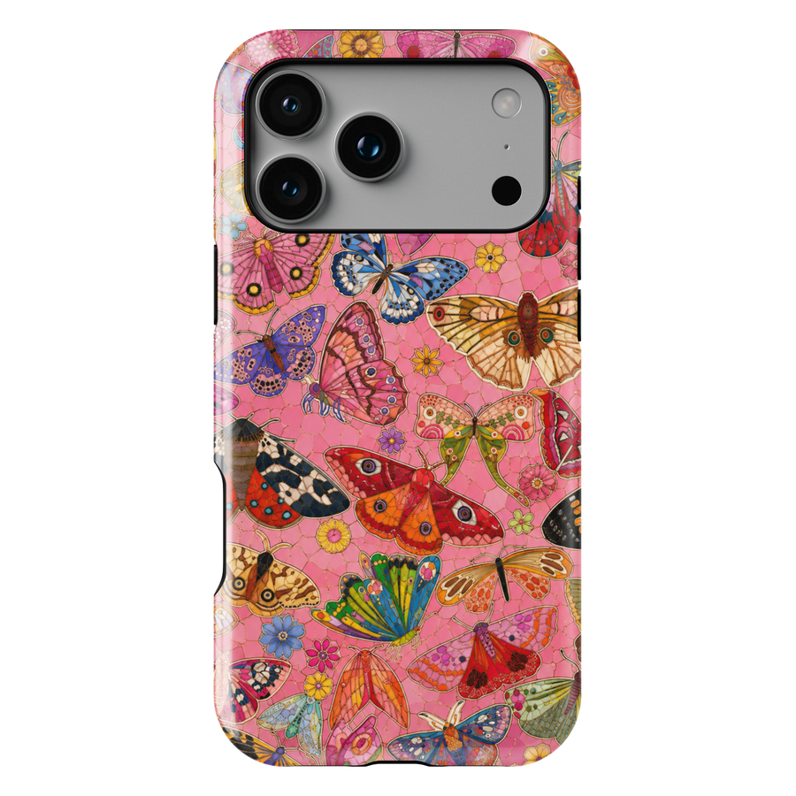 Pink butterfly iPhone case featuring colorful butterflies, moths, flowers, and whimsical nature-inspired artwork.