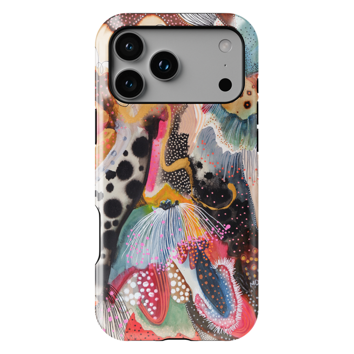 Colorful abstract iPhone case featuring playful squiggles, organic shapes, modern artistic patterns, and vibrant contemporary artwork.