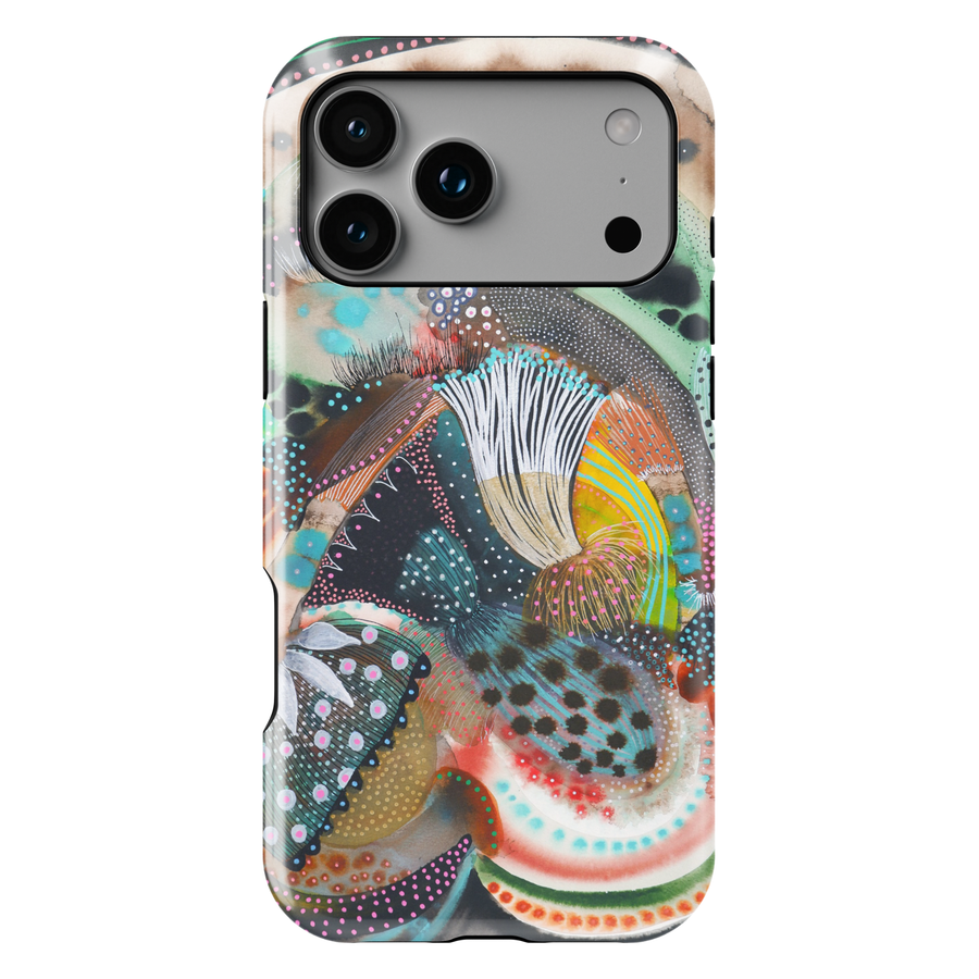 Colorful abstract iPhone case featuring playful squiggles, organic shapes, modern artistic patterns, and vibrant contemporary artwork.