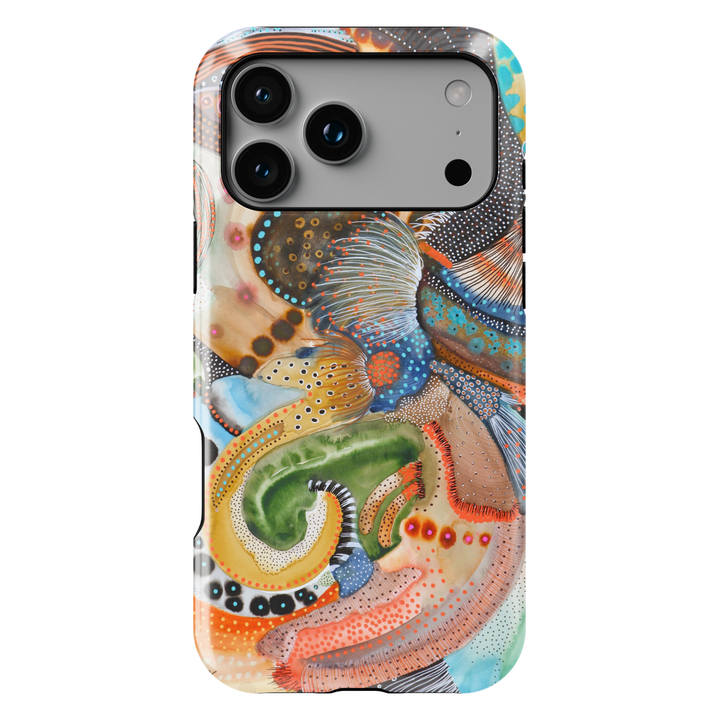 Colorful abstract iPhone case featuring playful squiggles, organic shapes, modern artistic patterns, and vibrant contemporary artwork.