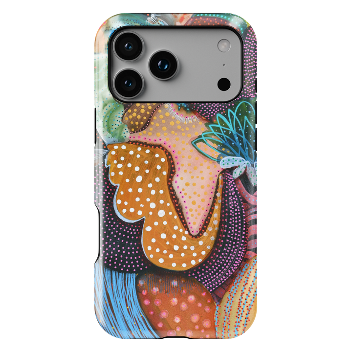 Abstract woman iPhone case featuring colorful modern portrait artwork with boho patterns, textured details, and artistic contemporary design.